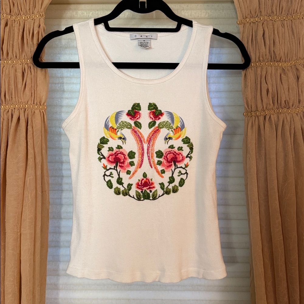 Cabi Ribbed Tank Top with Bird and Rose Graphic and beading.